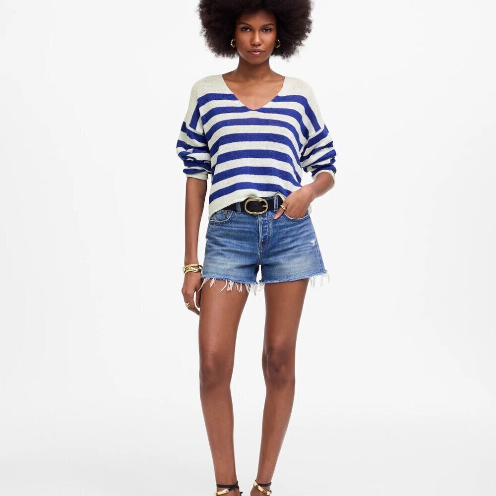 Madewell Linen V-Neck Sweater Beach Vacation Preppy in Sapphire Blue Stripe 2X